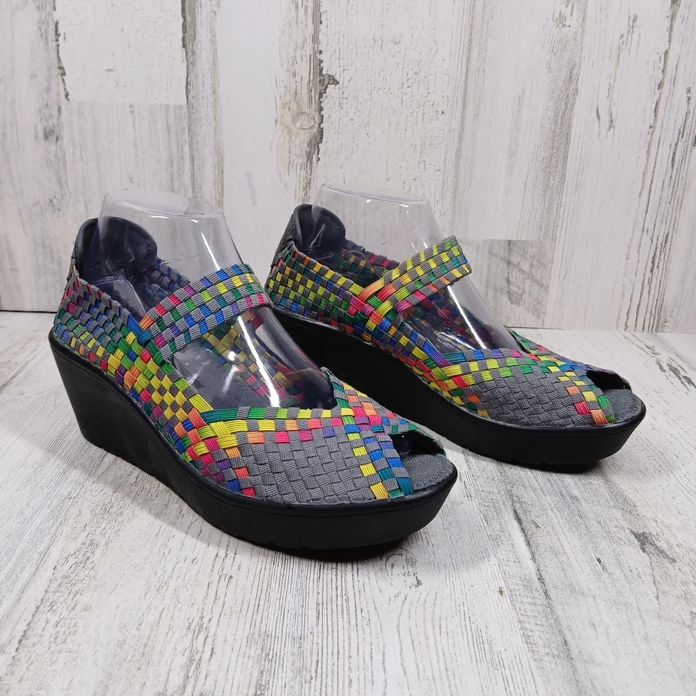 Steven by Steve Madden Brynn Peep Toe‎ Casual Bright Multi Wedges #860